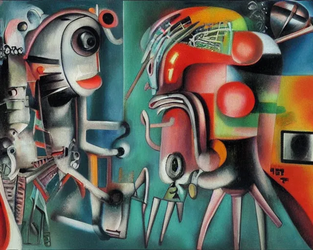 Image similar to Oil painting by Roberto Matta. Two mechanical gods with animal faces having a conversation. Oil painting by Yoshitomo Nara.