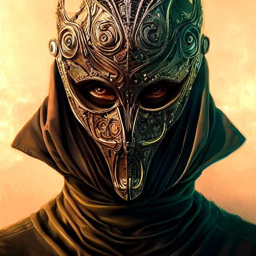 Image similar to Very very very very highly detailed epic photo of full face with scary venetian mask, intricate, dystopian, sci-fi, extremely detailed, digital painting, artstation, concept art, smooth, sharp focus, illustration, intimidating lighting, incredible art by Artgerm and Vincent di Fate and Anton Pieck