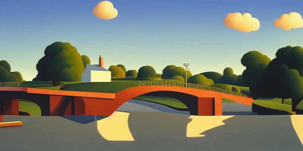 Image similar to bridge, blue sky, summer evening, kenton nelson