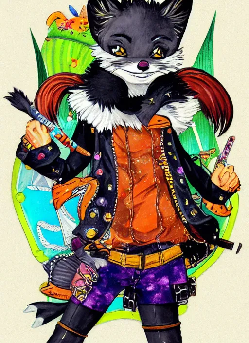 Image similar to A vintage painted illustration of an adorable chibi male rogue fox anime guy in the style of Lisa Frank Babs Tarr Hantine Hsu sitting in a couture leather and spike vest that has skulls on it