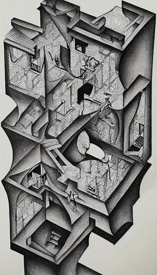 Image similar to M. C. Escher's mind drawn by M. C. Escher, gold paint, ink