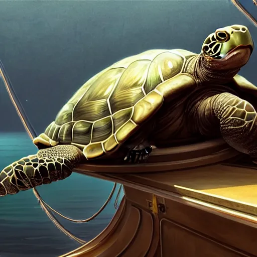 Image similar to giant turtle lying on ship top deck, naval background, wide angle shot, highly detailed, D&D, fantasy, digital painting, artstation, concept art, smooth, sharp focus, illustration, art by artgerm and greg rutkowski and alphonse mucha