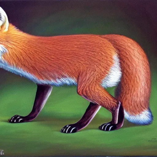 Image similar to beautiful lifelike painting of a fox chewing its own tail, hyperreal detailed facial features and uv lighting, art by ed roth and basil wolverton