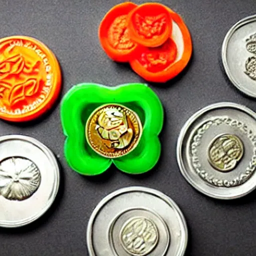 Image similar to edible coins made of vegetables, finely chopped vegetables in the shape of coins