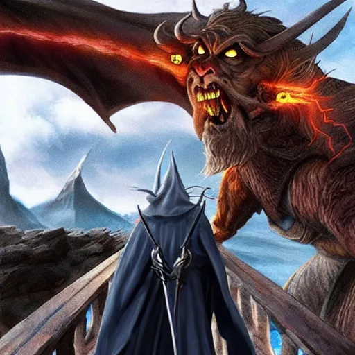 Image similar to Selfie taken by an overconfident Gandalf the Grey on the Bridge of Khazad Dum, a balrog looming in the background,