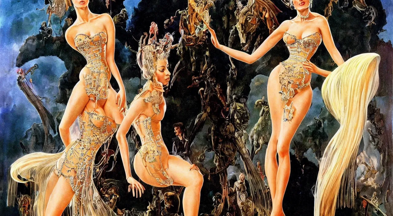 Image similar to donald j trump wearing transparent corset dress, intricate, highly detailed, fantasy painting, sharp focus, art by frank frazetta and salvador dali