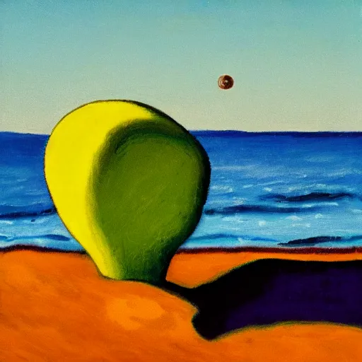 Prompt: a fauvist painting of a strange alien artifact poking out from the sand, late evening light