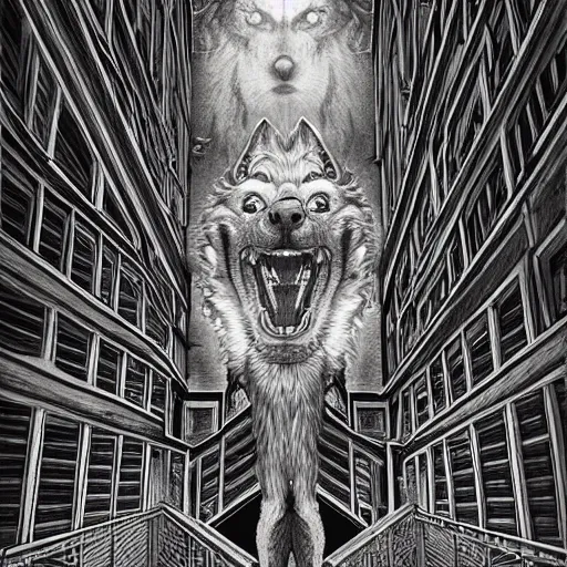 Image similar to a huge howling angry wolf in a huge bright maze of many doorways and lots of stairs, many doorways, inside MC Escher architecture, artstation, Junji Ito, epic composition, detailed background