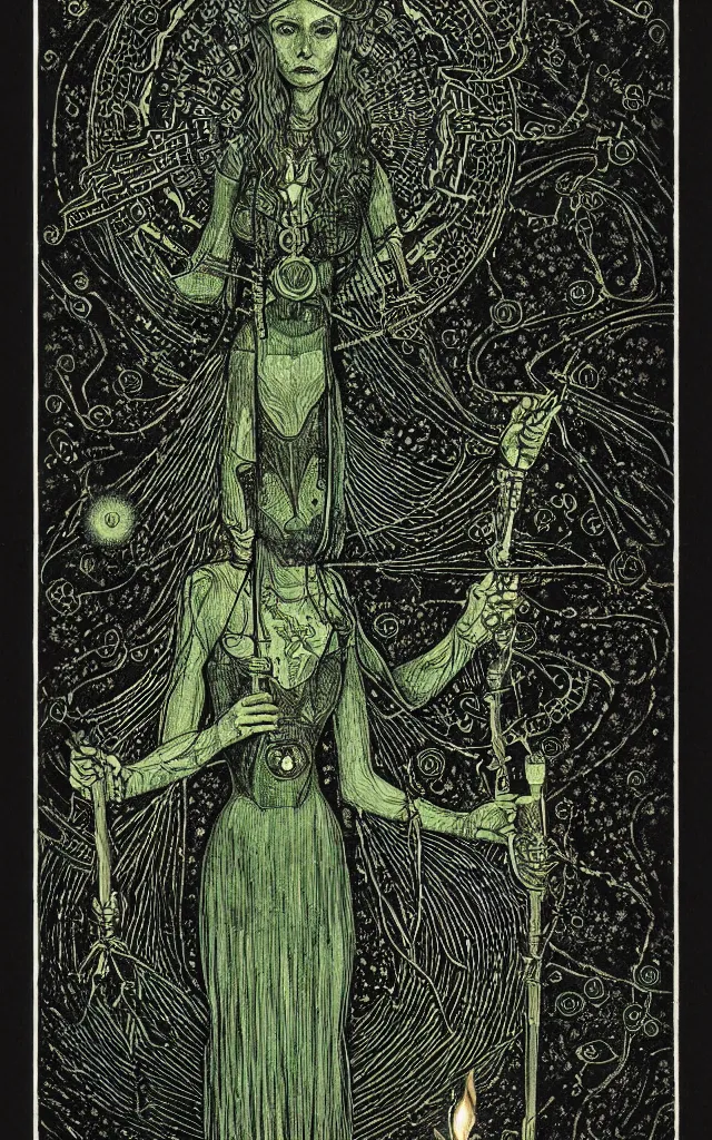 Prompt: tarot card of hecate the gloomy and beautiful goddess of witchcraft, torches, ancient keys, smokes, andrey remnev, black paper, etching, engraving, intricate line work, green line work details, mandelbulb fractal, portrait, trending on artstation, exquisite details, risography print, 4 k, 4 k