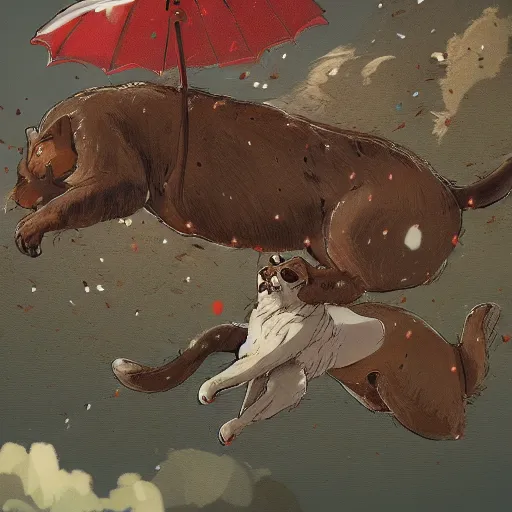 Image similar to giant cats and dogs are falling from the sky like rain, bystanders watching from the sides, 4 k, by miyazaki, monokubo, artstation,