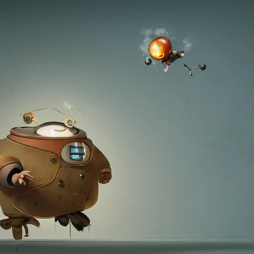 Image similar to gediminas pranckevicius, a small chubby bot, smooth panelling, one large gold eye intricate detail, style of pokemon, with damaged rusty arms, broken antenna, recycled, floating, white studio, oil, mechanical, toy, ambient light, in the style of pixar animation, pokedstudios, blender, octane render, 8 k,