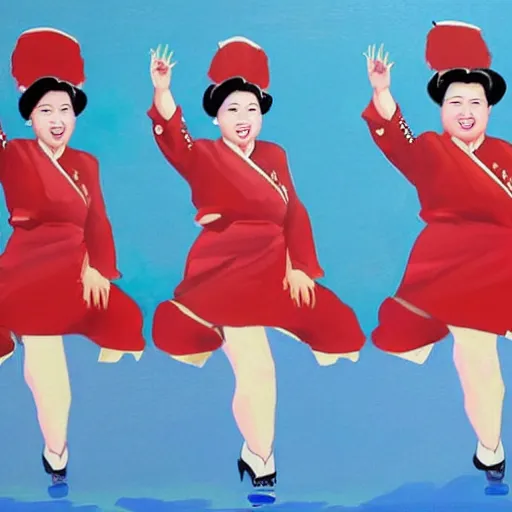 Prompt: kim jong un as k - pop idol dancing on the south korean k - pop stage, painting by john foster