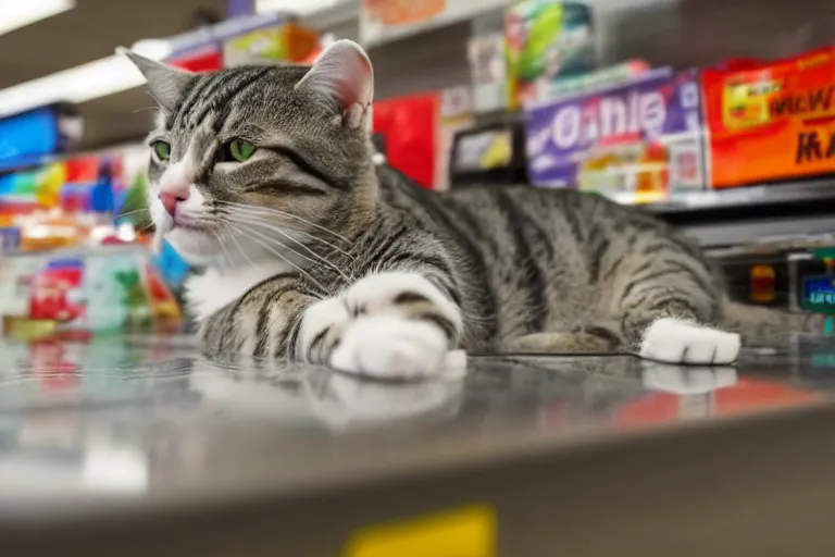 Image similar to cat on the counter in 7 - eleven next to a pack of cigarettes wide angle lens