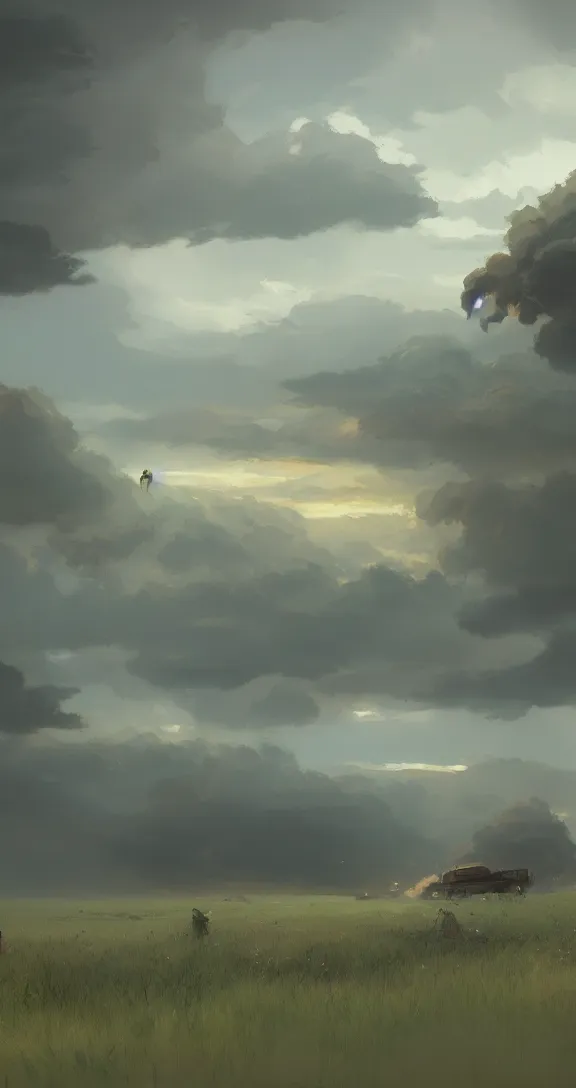 Image similar to A thunderstorm in the prairie, by Studio Ghibli and Greg Rutkowski, artstation