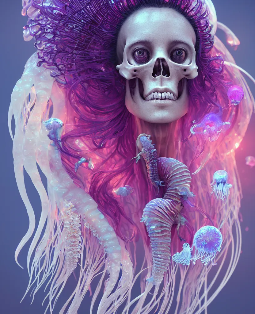 Image similar to goddess close - up portrait human skeleton, ram skull, jellyfish, orchid, betta fish, bioluminiscent, intricate artwork by tooth wu and wlop and beeple. octane render, trending on artstation, greg rutkowski very coherent symmetrical artwork. cinematic, hyper realism, high detail, octane render, 8 k