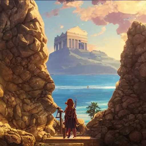 Prompt: Greek Gods, The temple of Apollo, Naxos, bright sky, natural lighting , by Makoto Shinkai, Marc Simonetti,Peter Mohrbacher , Miyazaki, Nausicaa Ghibli, Breath of The Wild