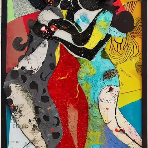 Image similar to two curvy women kissing at a carnival at dusk, mixed media collage, retro, paper collage, magazine collage, acrylic paint splatters, bauhaus, abstract claymation, layered paper art, sapphic visual poetry expressing the utmost of desires by jackson pollock