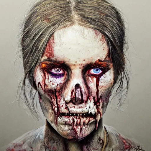 Prompt: Intricate five star Zombie Facial portrait by Anna Kullberg, Colored pencil on paper, high detail, skin texture, photo realistic, hyperrealism,matte finish, high contrast, 3d depth, masterpiece, vivid colors, artstationhd
