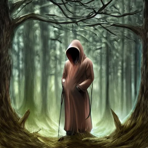 Prompt: a hooded figure standing in a forest, celestia, eden, river, fantasy artwork, award winning, very very very very very very very beautiful scenery, artstation
