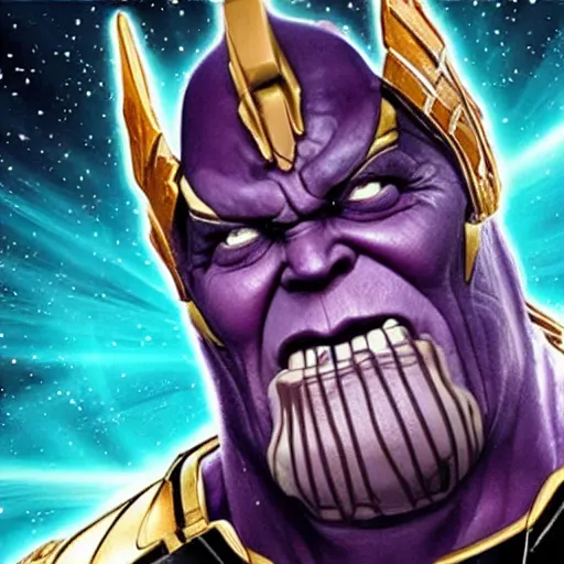 Prompt: Thanos breaks a snickers bar with a sly smile