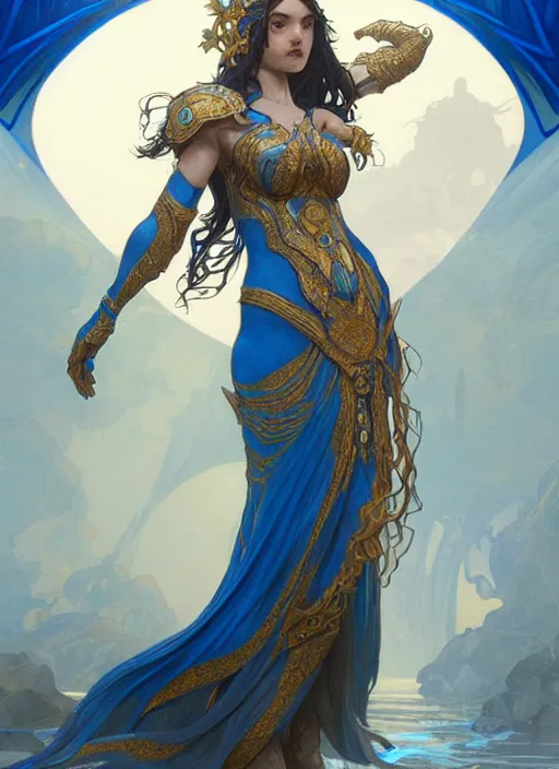 Prompt: a goddess of water wearing blue armor, with hands and hair turning into wearing, fantasy, intricate, elegant, highly detailed, digital painting, artstation, concept art, wallpaper, smooth, sharp focus, illustration, art by artgerm and greg rutkowski and alphonse mucha