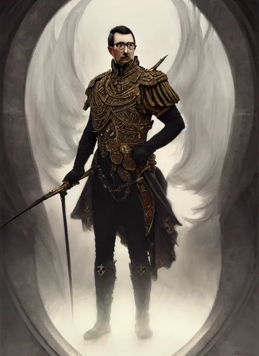 Image similar to portrait john oliver as stoic king, royalty, extravagant, full body, military uniform, fantasy, intricate, elegant, beautiful, highly detailed, charcoal, centered, dark, smokey, digital painting, artstation, concept art, art by artgerm and greg rutkowski and alphonse mucha