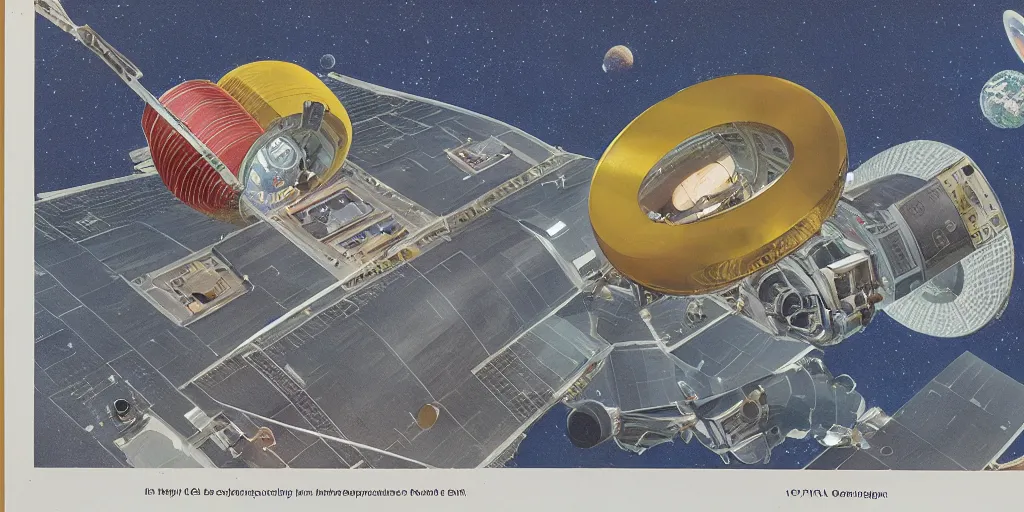 Prompt: 1 9 7 0 s nasa technical illustration concept art color archives space station habitat ring