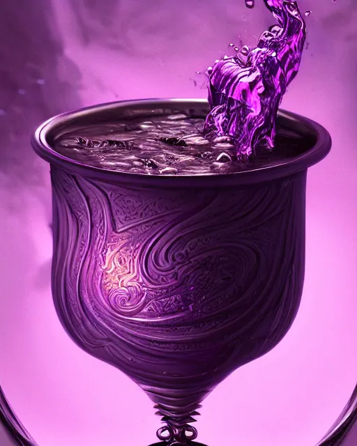 Image similar to cup of codeine, purple liquid in cup glowing, fantasy, dramatic, intricate, elegant, highly detailed, digital painting, artstation, concept art, smooth, sharp focus, illustration, art by Gustave Dore, octane render