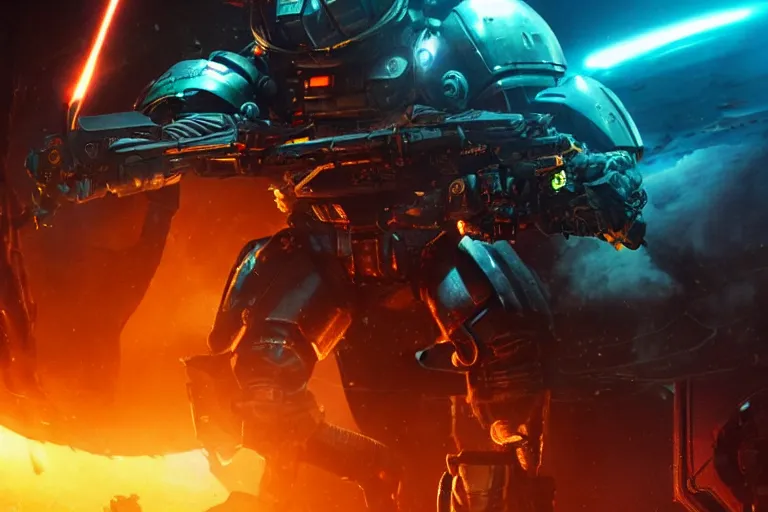 Image similar to VFX movie of a futuristic inhuman alien spacemarines in future spaceship, firing gun at space pirates detailed creature skin neon lighting combat by Michael Bay