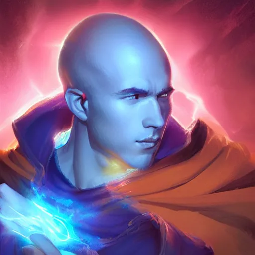 Image similar to a fantastical glowing young monk made of blue aura illustrated by artgerm and greg rutkowski