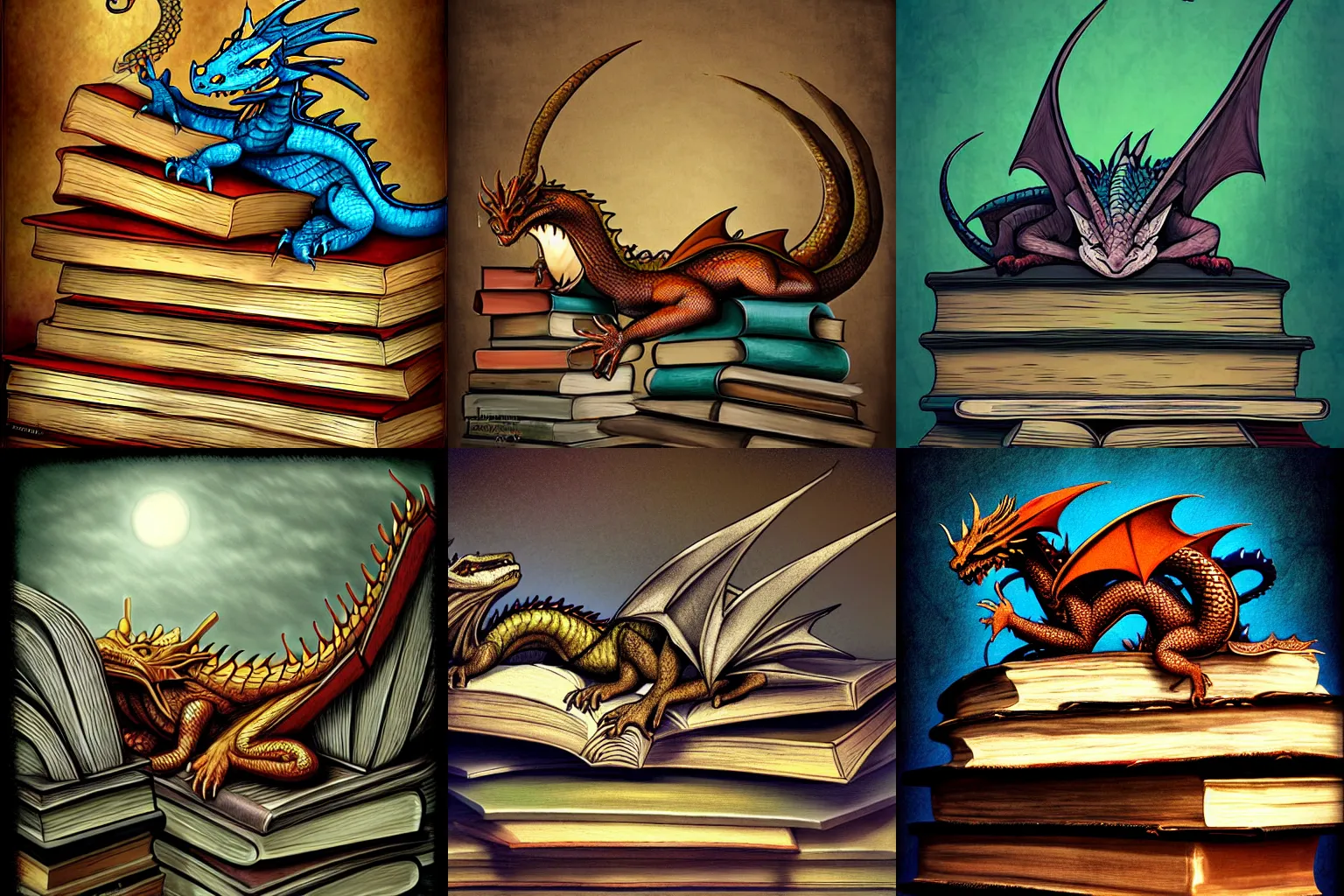 A huge dragon sleeping on a hoard of books, by Frank, Stable Diffusion