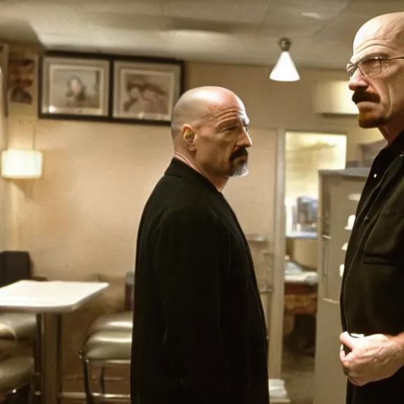 Image similar to Still of Walter White in The Sopranos at the Bada Bing talking with Tony Soprano, dark lighting