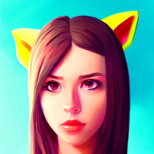 Image similar to portrait of a cute young woman with robot ears and eyes, 4k, sharp focus, neon colored fluorescent lighting, Andreas Rocha