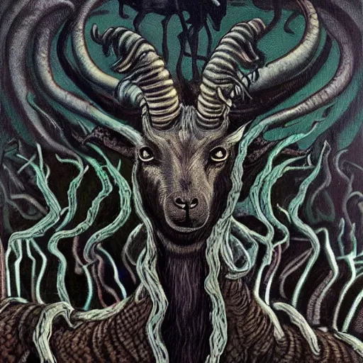 Prompt: the black goat of the woods with a thousand young. the only other name by which lovecraft shub - niggurath cthulhu oil painting contrasts