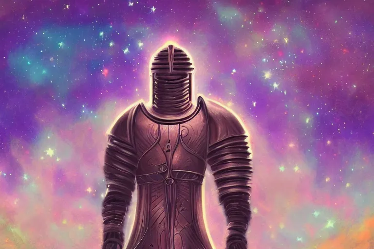 Image similar to digital art of a spiritual medieval knight looking up at the stars, acrylic art, universe, painting, pastel colors, synthwave, retro, cyberpunk,