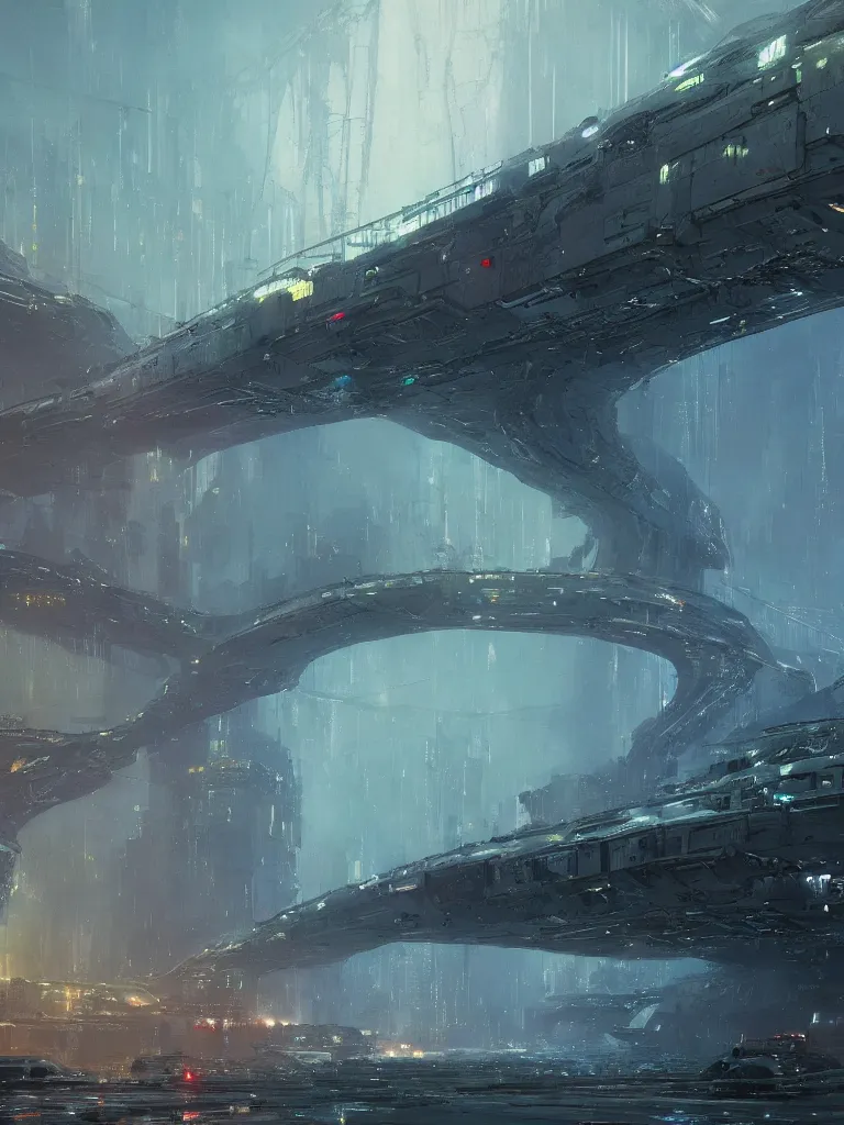 Prompt: concept art of an enormous bridge leading into a gigantic sci - fi white dome, grimy, gritty, blade runner 2 0 4 9, trending on artstation, award winning painting, cgi, art by john berkey and anton fadeev and john howe and simon stalenhag