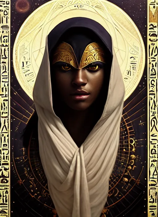 Prompt: close up portrait of noble khonsu under moonlight, egyptian symbolism, white eyes no pupils, hooded african man wrapped in linen by artgerm, cushart krenz, greg rutkowski, mucha. art nouveau. gloomhaven, swirly lunar ripples, pale colors, soft edges. ultra clear detailed. 8 k. elegant, intricate, octane render