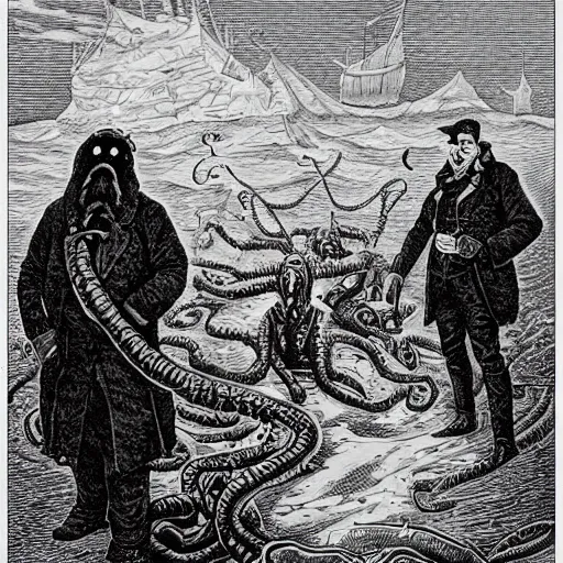 Image similar to lovecraftian monster eating victorian explorers in the arctic. art by everett kinstler.