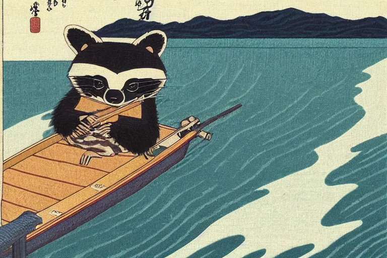 Prompt: raccoon dressed in a kimano floats on a boat on the waves, Hasui Kawase, dramatic