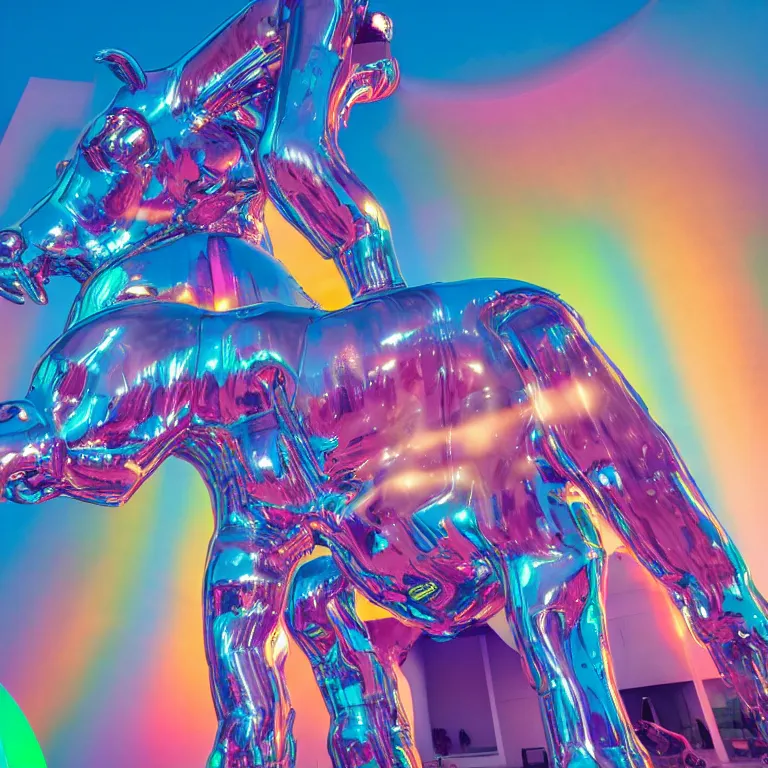 Prompt: low angle photo by josh pierce and prateek vatash and roman bratschi, a gigantic huge dreamscape maze made out of colorful playful pastel shiny reflective metal, gigantic minotaur statue made out of shiny reflective silver, cinema 4 d, 4 k, ray tracing reflections, volumetric lighting and shadows, haze, light beams