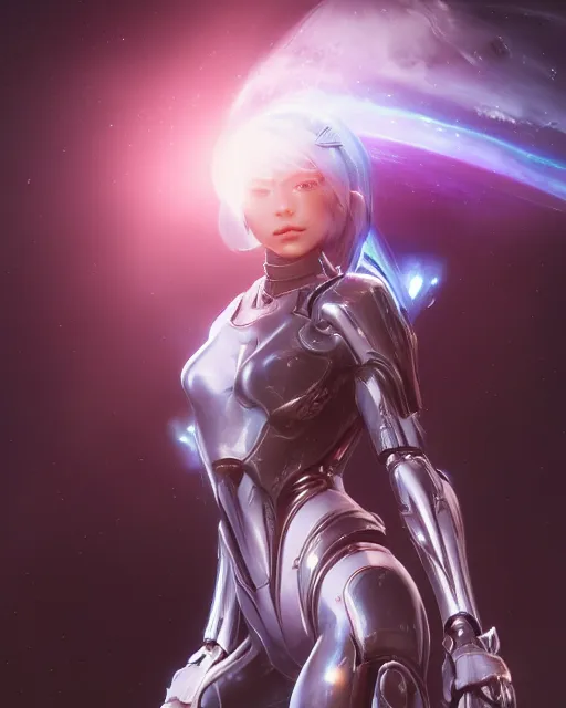 Image similar to perfect android girl on a mothership, warframe armor, beautiful face, scifi, futuristic, galaxy, nebula, raytracing, dreamy, long white hair, blue cyborg eyes, sharp focus, cinematic lighting, highly detailed, artstation, divine, by gauthier leblanc, kazuya takahashi, huifeng huang