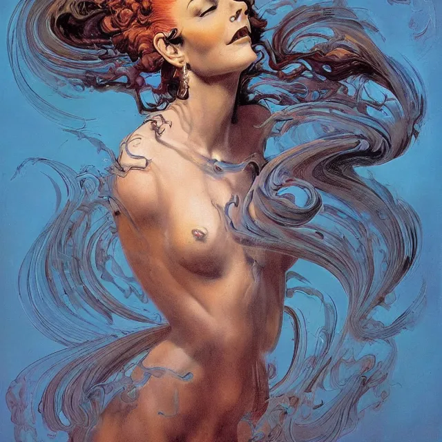 Image similar to portrait of a woman with swirling hair and fractal skin by frank frazetta, retrofuturism, psychedelic art reimagined by industrial light and magic