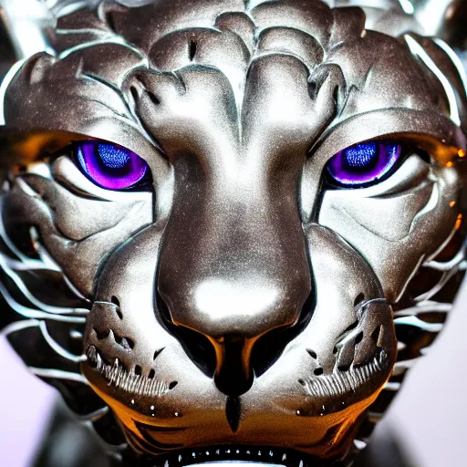 Prompt: portrait photography of a silver jaguar sculpture with glowing purple eyes