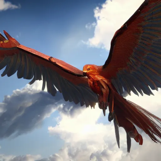 Prompt: photorealistic image of a detailed phoenix wings spread 8 k extremely detailed hd hyperrealism unreal engine daz 3 d