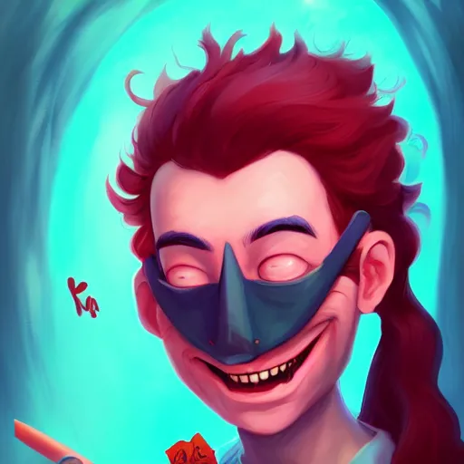 Image similar to a portrait of the happy mask salesman, grinning, red hair, art by lois van baarle and loish and ross tran and rossdraws and sam yang and samdoesarts and wlop, digital art, highly detailed, intricate, sharp focus, trending on artstation hq, deviantart, unreal engine 5, 4 k uhd image