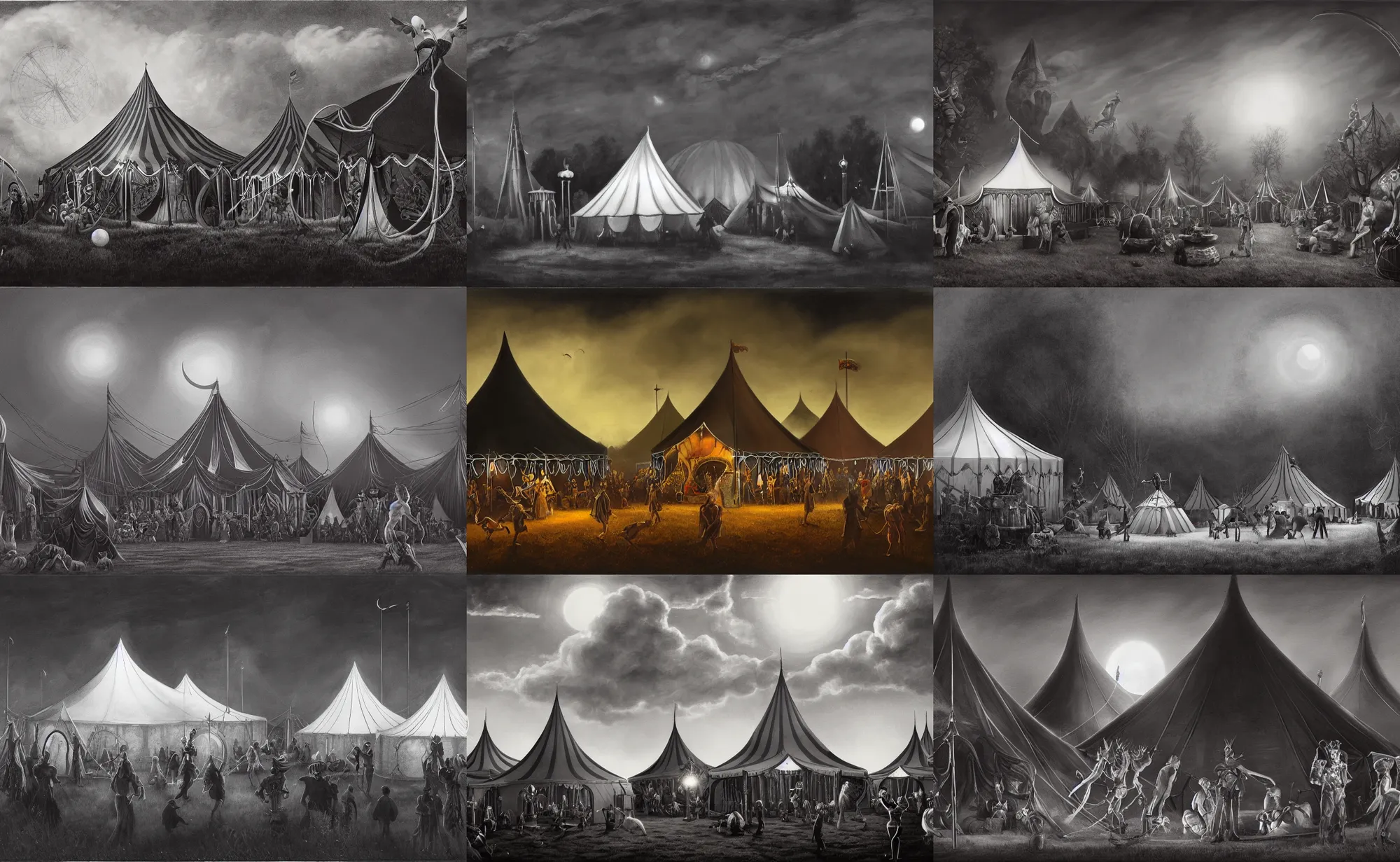 Prompt: a magical circus in a field at night with large black and white tents in a circle with a large cauldron in the middle, artwork by gerald brom, masterpiece, 4 k