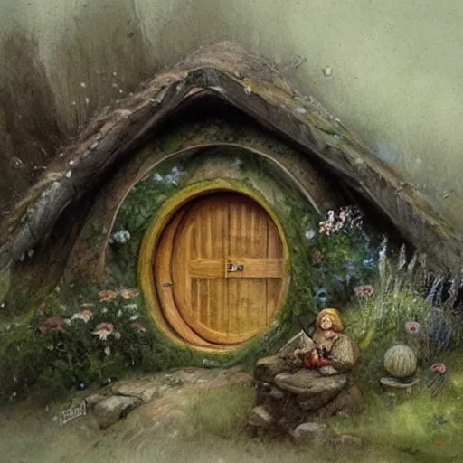 Image similar to hobbit house. muted colors. by Jean-Baptiste Monge style of Jean-Baptiste Monge painted by Jean-Baptiste Monge in art book of Jean-Baptiste Monge,