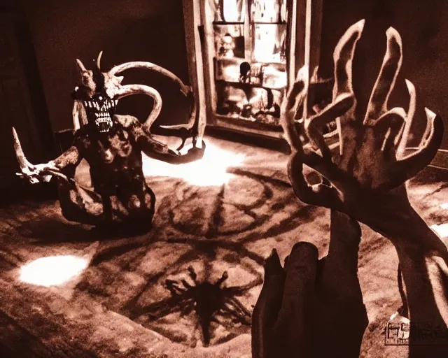 Image similar to transparent horror demon evil spirit attacks in living room with summoning circle pentacle out interior photos shot on iphone, dynamic pose, full body shot, sharp focus, grainy, corpse, paranormal flashlight, deep night,,