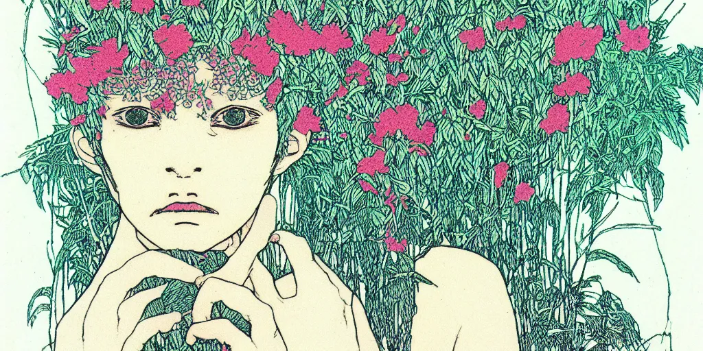 Prompt: risograph grainy drawing protagonist face, pastel colors, with huge piersing, face covered with plants and flowers, by moebius and satisho kon, close - up portrait, perfect blue, paprika