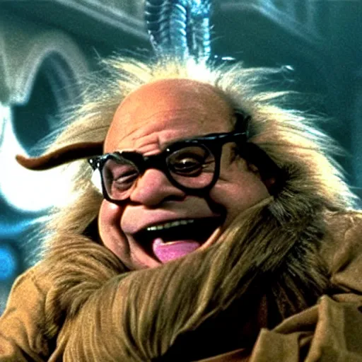 Prompt: film still of danny devito as fizzgig in the dark crystal